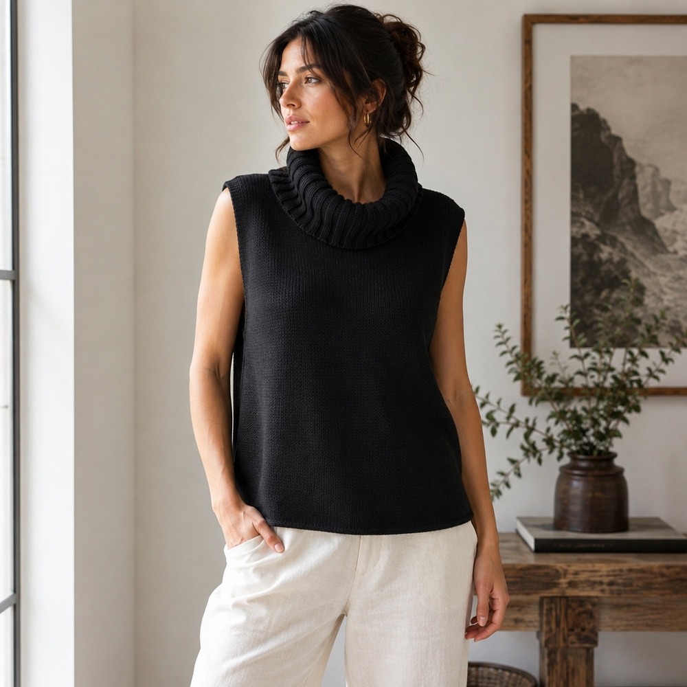 City Silk Black Sleeveless Cowl Neck Sweater Vest XL Cotton Blend Minimalist